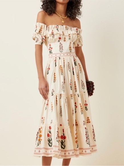 Aqua Cream Off-Shoulder Floral Midi Dress